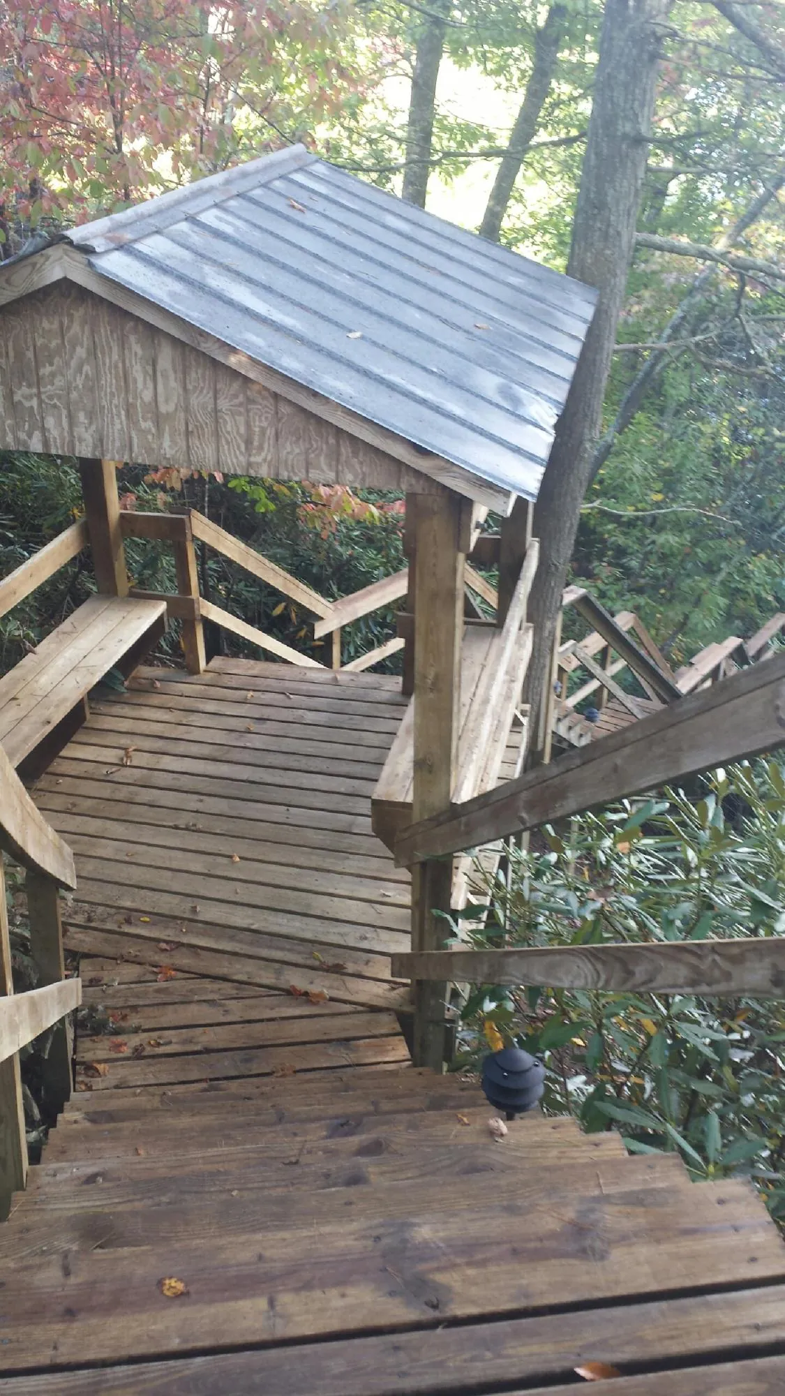 Metal roofed shelter over wooden steps on a wooded walkway — Skylight Repair & Installation work by our crew in Springer